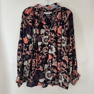 Roller Rabbit Women’s Soft Button Down Shirt Blouse Black Coral Beige Size XL